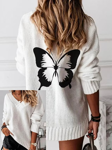 

Loose Butterfly Elegant Yarn/Wool Yarn Sweater, White, Sweaters