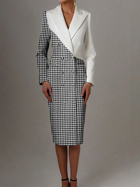

Houndstooth Elegant Regular Fit Lapel Collar Long Sleeve Midi Dress, As picture, Midi Dresses