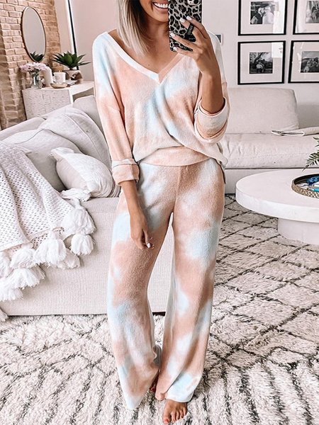 

V Neck Casual Loose Tie-Dye Pattern Two-Piece Set, Pink, Suit Set