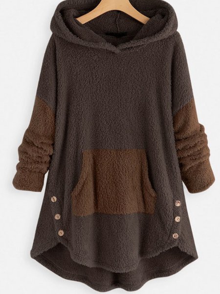 

Buckle Loose Contrast Stitching Casual Hoodie, Coffee, Hoodies&Sweatshirts
