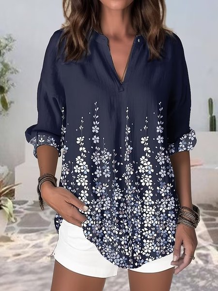 

Casual Loose V Neck Floral Blouse, Dark blue, Shirts & Blouses