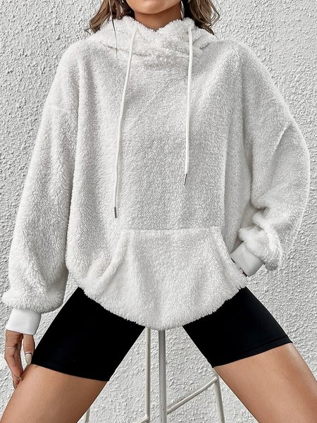 

Plain Casual Fluff/Granular Fleece Fabric Hoodie, White, Sweatshirts & Hoodies