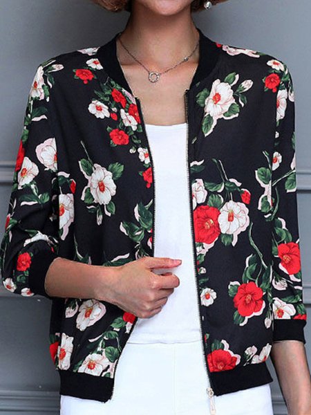 

Long Sleeve Floral Zipper Regular Micro-Elasticity Loose Jacket For Women, Black, Jackets