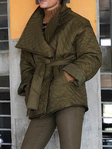 

Loose Urban Plain Shawl Collar Long Sleeve Padded Jacket, Army green, Coats