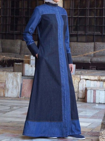 

Color Block Urban Long Sleeve Loose Denim Dress, Blue, Maxi Dresses