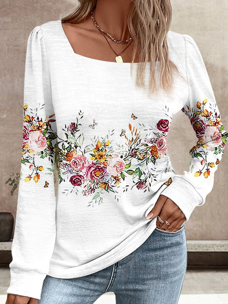 

Loose Square Neck Floral Casual T-Shirt, White, T-Shirts