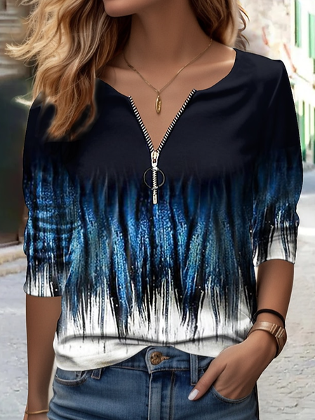 Casual Zipper Crew Neck T-Shirt, Blue, T-Shirts