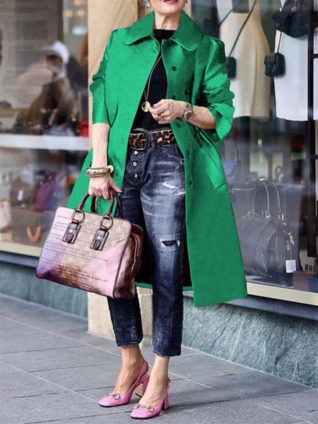 

Loose Plain Urban Shawl Collar Trench Coat, Green, Coats