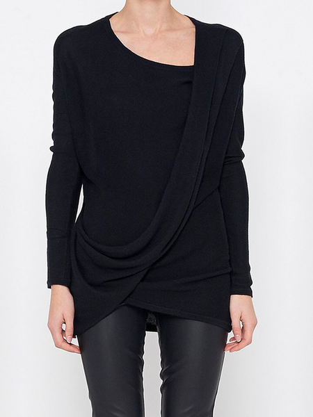

High Elasticity Crew Neck Long Sleeve Urban Plain Regular Fit Shirt, Black, Blouses and Shirts