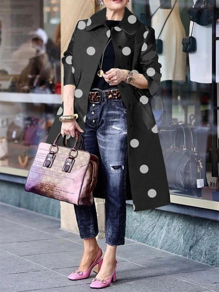 

Polka Dots Shawl Collar Urban Trench Coat, Black-white, Coats