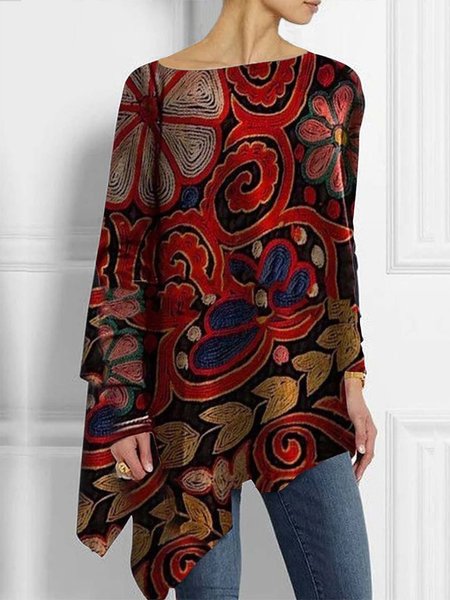 

Boat Neck Urban Abstract Loose Shirt, Red, Blouses and Shirts