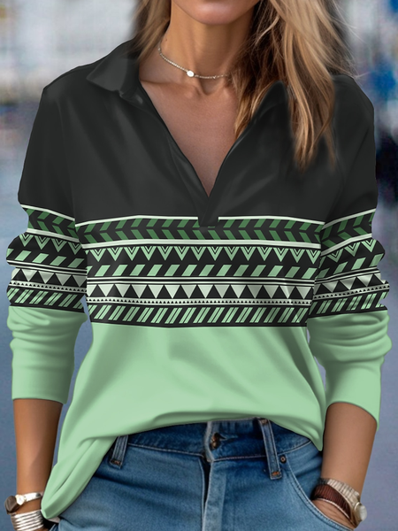 Color Block Casual Shawl Collar Regular Fit Shirt, Green, Shirts & Blouses