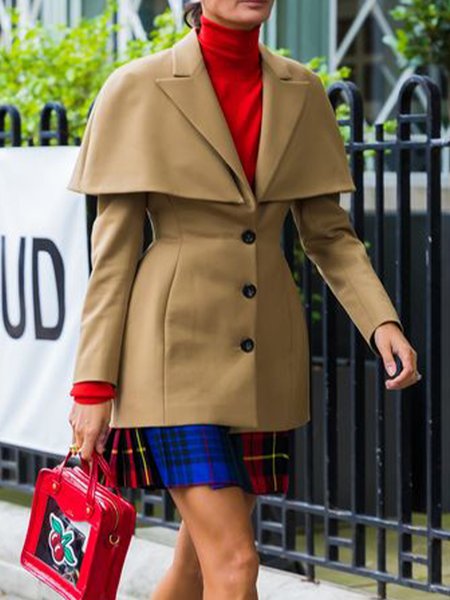 

Lapel Collar Urban Plain Long Sleeve Jacket, Khaki, Jackets