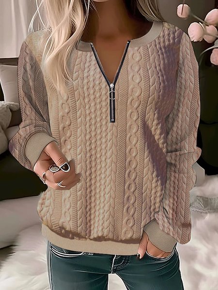 

Solid Color Casual Texture Knitted Sweater Zipper Sweatshirt, Khaki, Sweatshirts & Hoodies