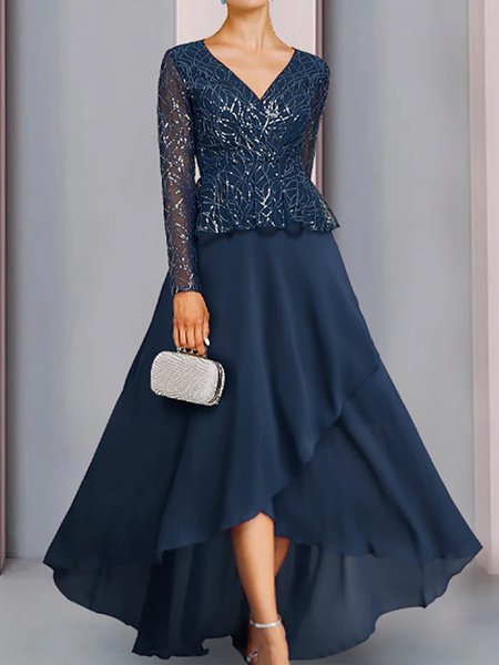 

Plain V Neck Elegant Regular Fit Dress, Dark blue, Dresses