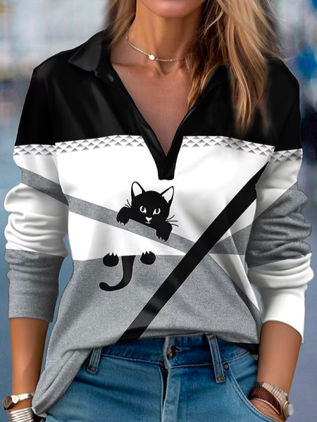 

Casual Shawl Collar Color Block T-Shirt, Black, T-Shirts