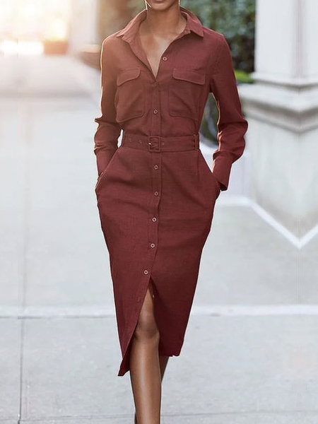 

Plus Size Urban Regular Fit Shirt Collar Long Sleeve Dress With Belt Shirt Dress, Datered, Plus Dresses