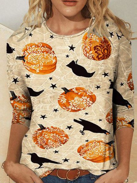 

Crew Neck Casual Loose Halloween T-Shirt, Orange red, Long sleeves