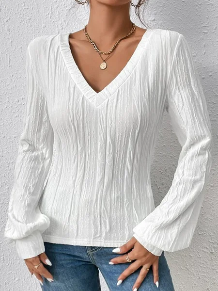 

Casual V Neck Loose Cotton-Blend Shirt, White, Shirts & Blouses