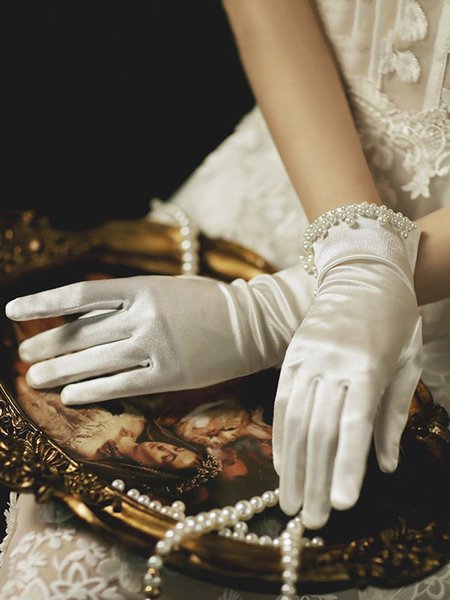 

Elegant Imitation Pearl Satin Party Gloves, White, Women Gloves