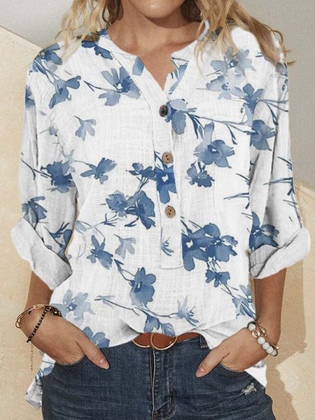 

Loose Buttoned Casual V Neck Blouse, Blue, Shirts & Blouses