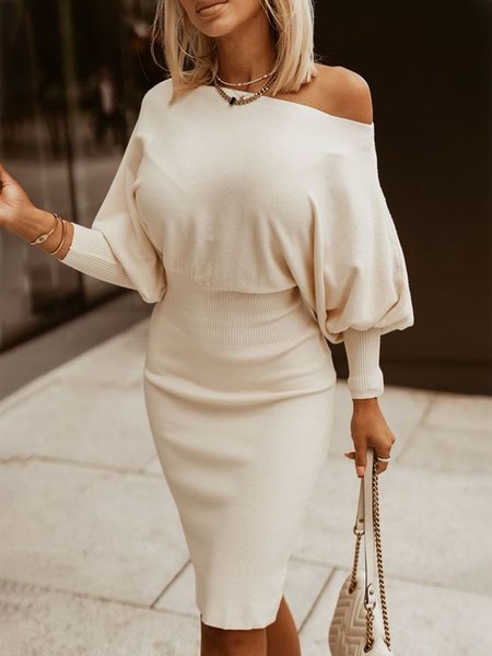 

Elegant Loose Asymmetrical Plain Sweater Dress, Apricot, Midi Dresses