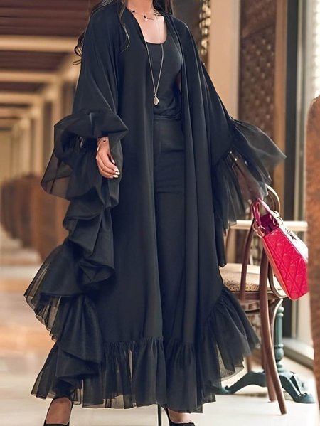 Plus Size Urban Long Sleeve Plain Kimono, Black, Plus Outerwear