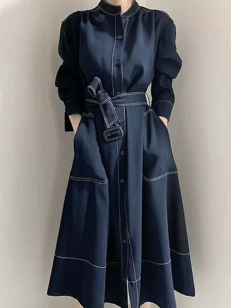 

Plus Size Elegant Stand Collar Plain Long Sleeve Loose Dress Shirt Dress With Belt, Navyblue, Plus Dresses