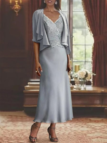 

Loose V Neck Elegant Satin Two-Piece Set, Gray, Party Dresses