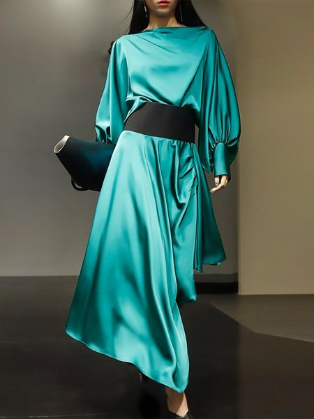 

Regular Fit Plain Boat Neck Elegant Midi Dress With Belt, Blue, Midi Dresses