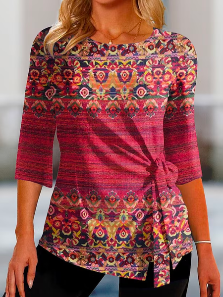 

Crew Neck Casual Loose Ethnic T-Shirt, Red, T-Shirts