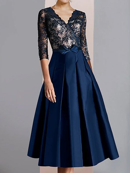 

Lace Plain V Neck Elegant Dress, Dark blue, Party Dresses