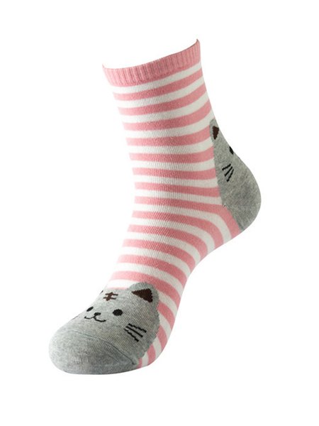 

1pair Cartoon Cat Stripe Socks, Pink, Socks