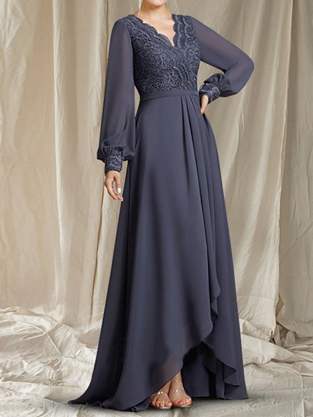 

Elegant Lace Lantern Sleeve V Neck Dress, As picture, Dresses