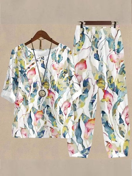 

Floral Casual Crew Neck Loose Two-Piece Set, White, Suit Set