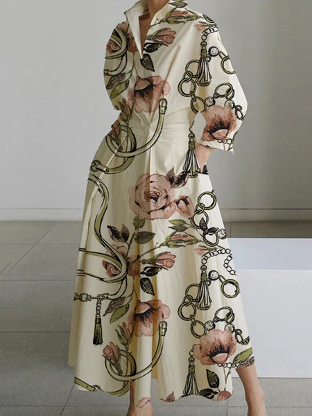 

Plus Size Elegant Shirt Collar Three Quarter Sleeve Dress Shirt Dress, Apricot, Plus Dresses