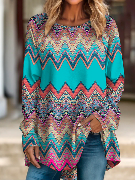 

Casual Geometric Crew Neck T-Shirt, Blue, T-Shirts