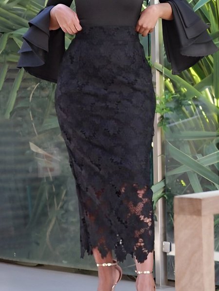 

Plus Size Elegant Plain Regular Fit Skirt, Black, Plus Bottoms