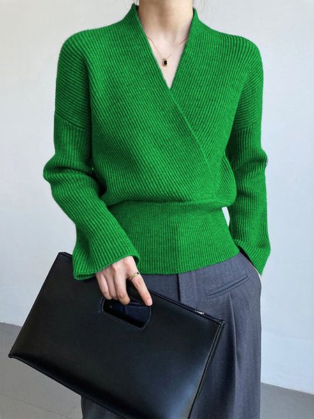 

Cross Neck Loose Elegant Sweater, Green, Pullovers