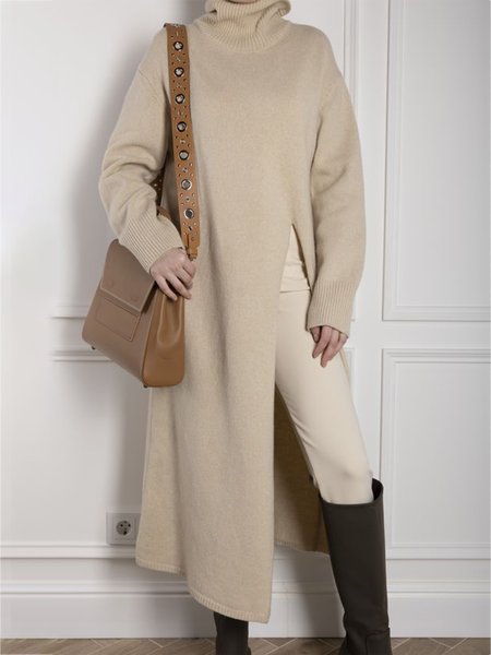 

Mid-long Casual Loose Turtleneck Sweater, Apricot, Pullovers