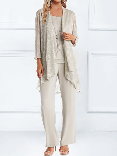

Crew Neck Plain Elegant Loose Matching Outfit, Apricot, Suit Set