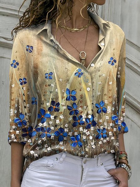 

Floral Shirt Collar Casual Printing Blouse, Yellow, Shirts & Blouses