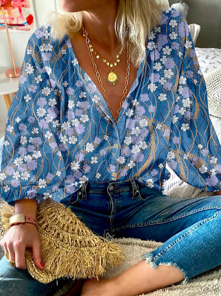 

Loose Geometric Shirt Collar Casual Blouse, Blue, Shirts & Blouses