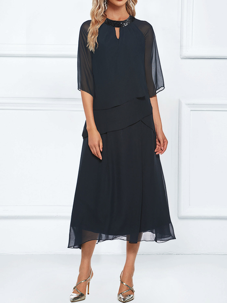 

Elegant Crew Neck Plain Dress, Dark blue, Party Dresses