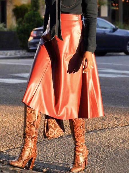 

Loose Pu Plain Urban Leather Midi Skirt, As picture, Skirts