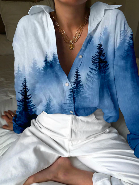 

Loose Gradient Pattern Casual Shirt Collar Blouse, Blue, Shirts & Blouses