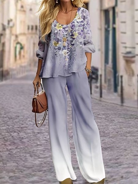 

Casual Loose Crew Neck Floral Two-Piece Set, Purple, Suit Set