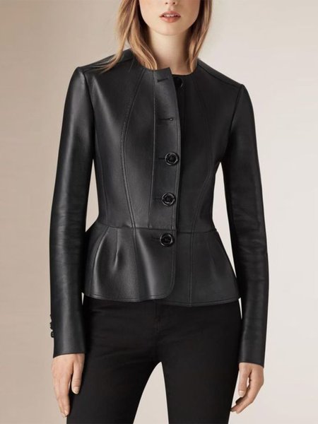 

Urban Plain Crew Neck Long Sleeve Leather Coat, Black, Jackets