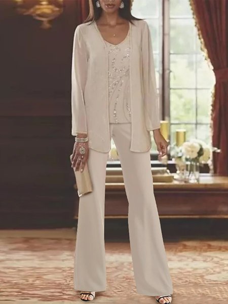 

Elegant Loose V Neck Chiffon Matching Outfit, Apricot, Suit Set