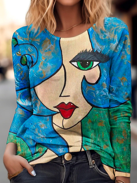 

Casual Loose Crew Neck Geometric T-Shirt, Blue, T-Shirts